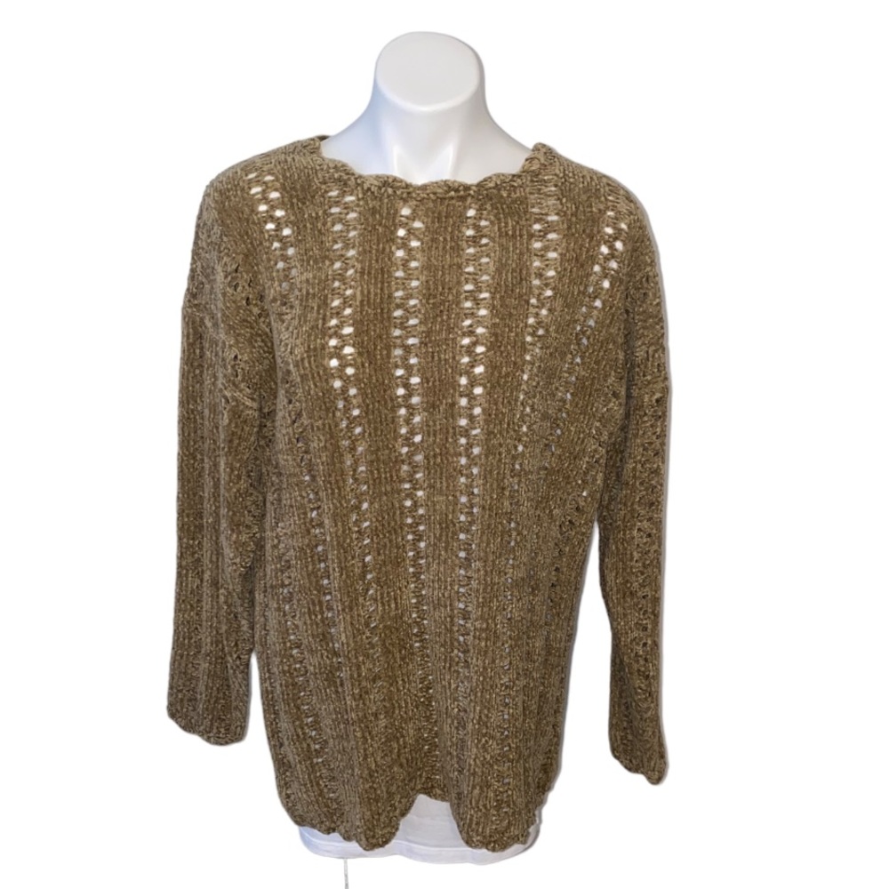 Vintage Chenille Open Knit Scalloped Sweater Brown Large